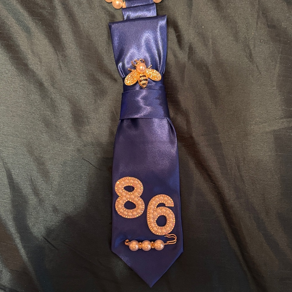 Navy Blue Satin Tie with Rose Gold Bee & Number Accents